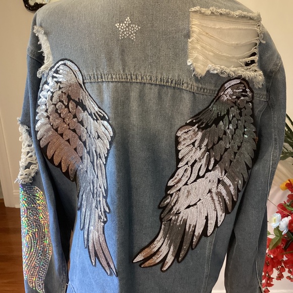 Distressed Denim Sequin Angel Jacket  ( Size: XL) - Picture 1 of 7